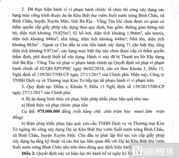 Công ty Kim Tơ từng bị xử phạt về hành vi xây dựng "chui" gần 1 tỷ đồng (ảnh chụp Quyết định).