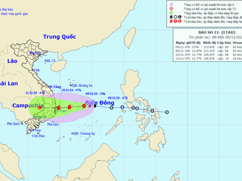 Bão số 12 đang mạnh lên, hướng vào Phú Yên đến Bình Thuận